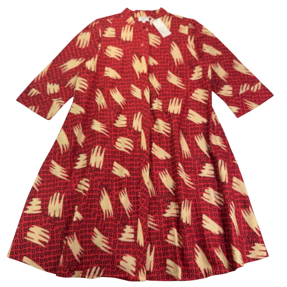 Zuri Kenya Vanishing Act Midi Dress Red Tan Geometric Cotton Button Front L